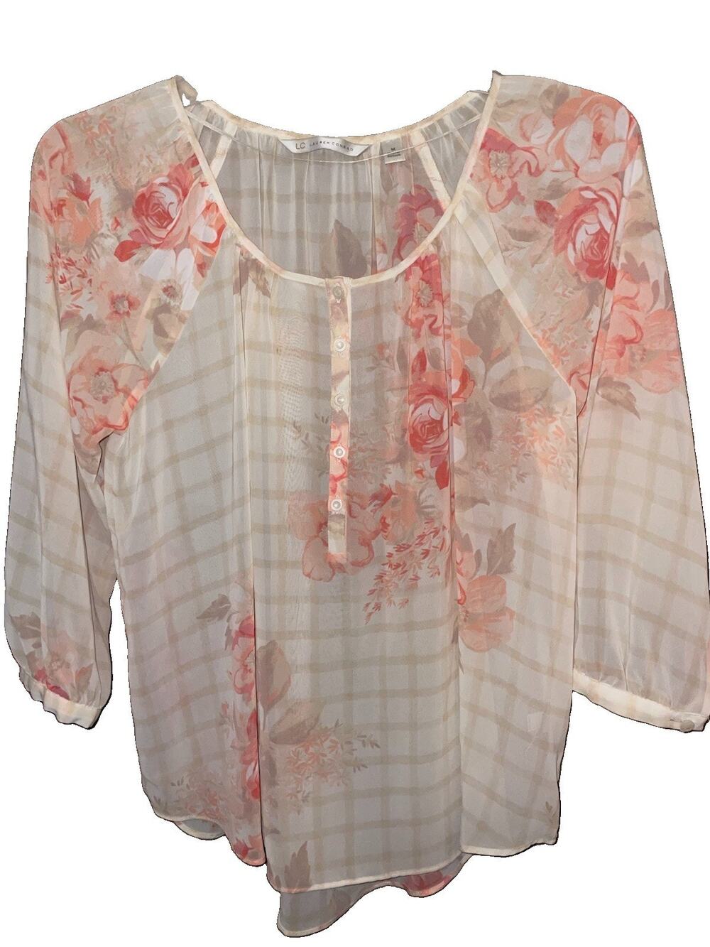 LC Lauren Conrad Floral Sheer 3/4 Button-Down Blouse Top Long Sleeve Size M